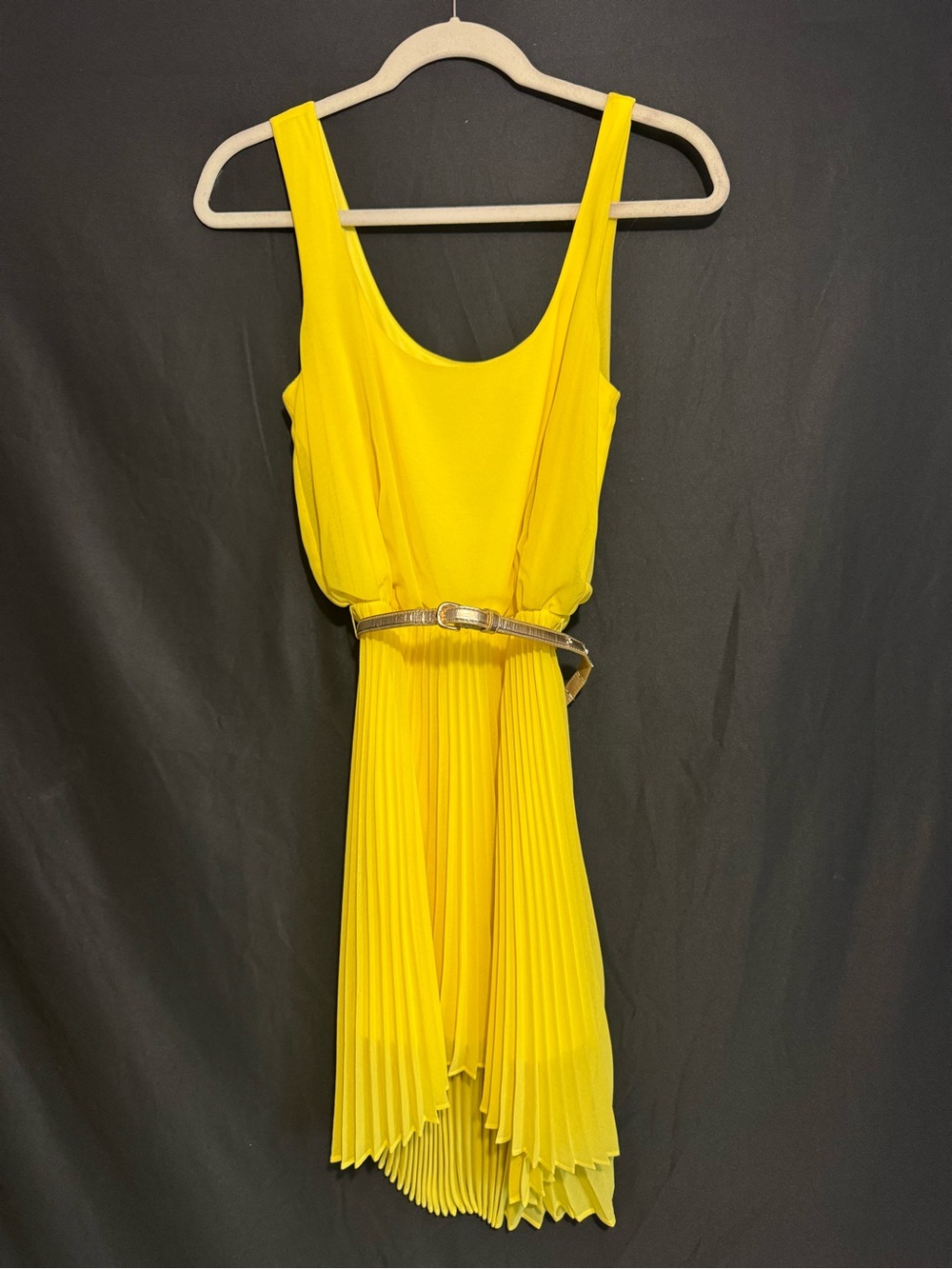 BEBE Bright Yellow Pleated Dress with Metallic Belt